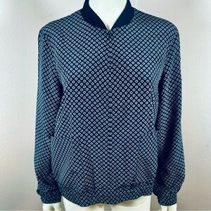THEORY navy blue print 100% silk bomber jacket size small
